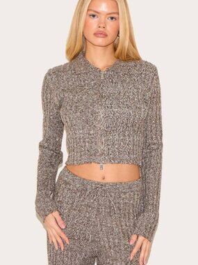 PrettyLittleThing Chocolate Marl Knit Zip Top & Tie Pants Set - S